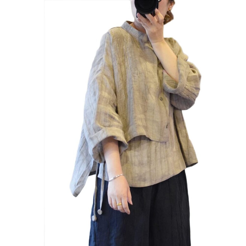 Women's Linen Asymmetrical Shirt Top Irregular Hem Tie Retro Stand Collar Button - Picture 2 of 9